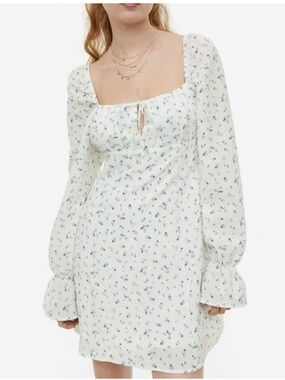 NWT H&M Puff Sleeve Crêpe A-Line Mini Dress - Delicate Blue Floral M